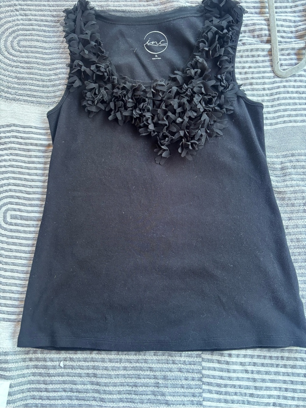 INC International Concepts Black Floral Appliqué Scoop Tank